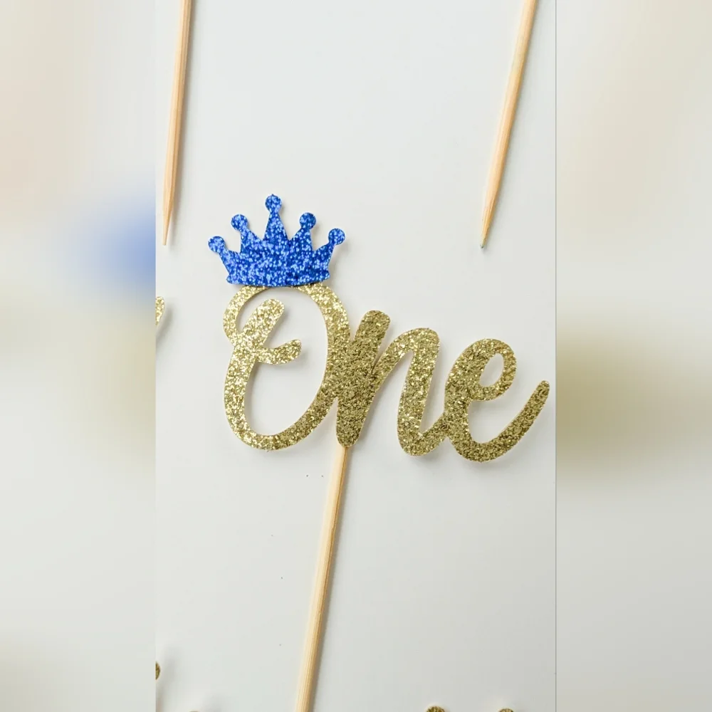 First Birthday Cupcake Toppers - Glitter One Crown Heart Cupcake Picks, 23-Piece